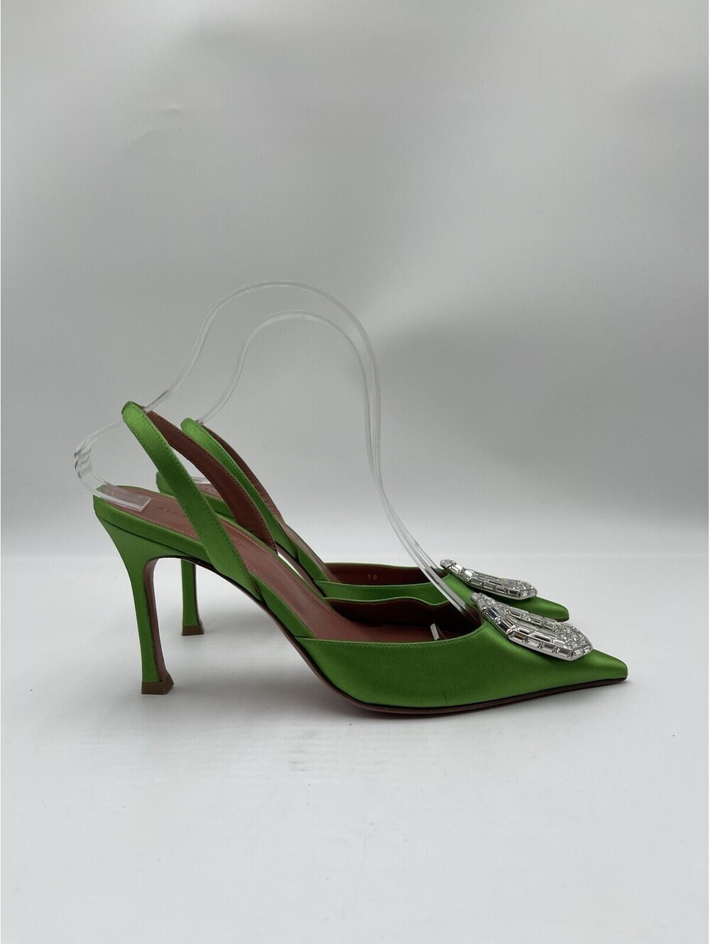 Amina Muaddi Camelia satin slingback 90mm pump in light green Size 38